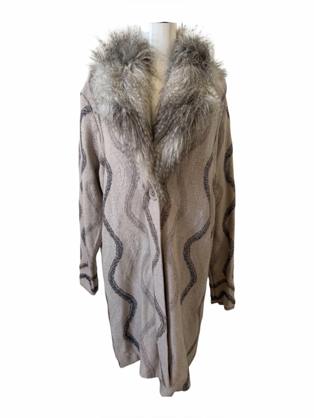 Nic + Zoe Faux-Fur Removeable Collar Beige Wave Knit Cardigan Size 2x
